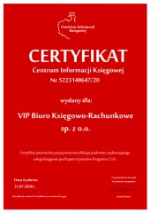 Certyfikat C.I.K. VIP Biuro Księgowo-Rachunkowe sp. z o.o.