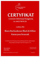 Certyfikat C.I.K. Biuro Rachunkowe Black & White Katarzyna Straszak