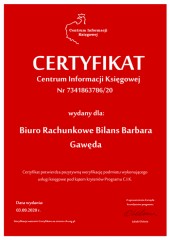 Certyfikat C.I.K.  Biuro Rachunkowe Bilans Barbara Gawęda