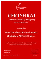 Certyfikat C.I.K. Biuro Doradztwa Rachunkowości i Podatków ALFASYSTEM s.c.