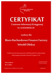 Certyfikat C.I.K.  Biuro Rachunkowe Finance Factory Witold Oleksa