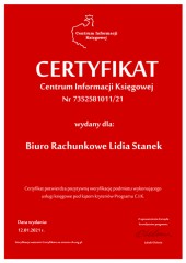Certyfikat C.I.K. Biuro Rachunkowe Lidia Stanek