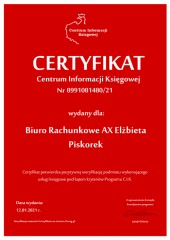 Certyfikat C.I.K. Biuro Rachunkowe AX Elżbieta Piskorek
