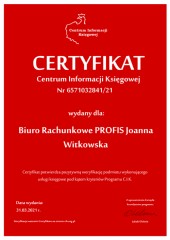 Certyfikat C.I.K. Biuro Rachunkowe PROFIS Joanna Witkowska