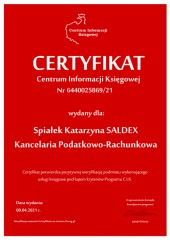 Certyfikat C.I.K. Spiałek Katarzyna SALDEX Kancelaria Podatkowo-Rachunkowa