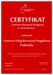 Certyfikat C.I.K. Centrum Usług Biurowych Magdalena Podbielska
