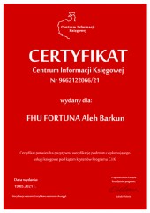 Certyfikat C.I.K. FHU FORTUNA Aleh Barkun