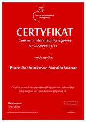 Certyfikat C.I.K. Biuro Rachunkowe Natalia Wanat