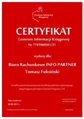 Certyfikat C.I.K. Biuro Rachunkowe INFO PARTNER Tomasz Fuksiński