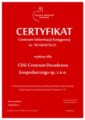 Certyfikat C.I.K. CDG Centrum Doradztwa Gospodarczego sp. z o.o.