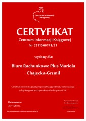 Certyfikat C.I.K. Biuro Rachunkowe Plus Mariola Chajęcka-Grzmil