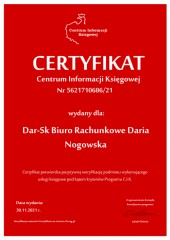 Certyfikat C.I.K. Dar-Sk Biuro Rachunkowe Daria Nogowska