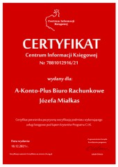 Certyfikat C.I.K. A-Konto-Plus Biuro Rachunkowe Józefa Miałkas