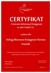 Certyfikat C.I.K. Usługi Biurowo-Księgowe Dorota Gwiżdż