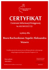 Certyfikat C.I.K. Biuro Rachunkowe Aspekt Aleksandra Wawro