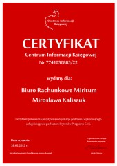 Certyfikat C.I.K. Biuro Rachunkowe Miritum Mirosława Kaliszuk