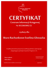 Certyfikat C.I.K. Biuro Rachunkowe Ewelina Głowacka