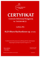 Certyfikat C.I.K. ALZA Biuro Rachunkowe sp. z o.o.