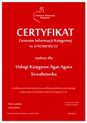 Certyfikat C.I.K. Usługi Księgowe Agat Agata Szwabowska