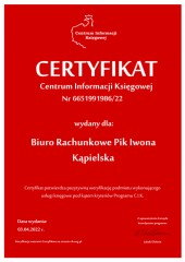 Certyfikat C.I.K. Biuro Rachunkowe Pik Iwona Kąpielska