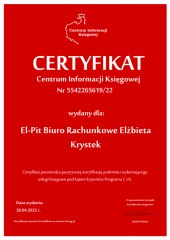 Certyfikat C.I.K. El-Pit Biuro Rachunkowe Elżbieta Krystek