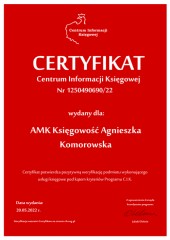 Certyfikat C.I.K. AMK Księgowość Agnieszka Komorowska