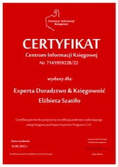 Certyfikat C.I.K. Experta Doradztwo & Księgowość Elżbieta Szatiło