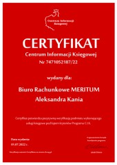 Certyfikat C.I.K. Biuro Rachunkowe MERITUM Aleksandra Kania