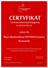 Certyfikat C.I.K, Biuro Rachunkowe OPTIMAX Joanna Kumosiak