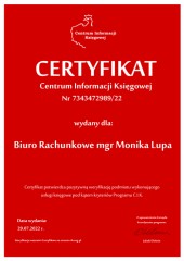 Certyfikat C.I.K. Biuro Rachunkowe mgr Monika Lupa