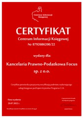 Certyfikat C.I.K. Kancelaria Prawno-Podatkowa Focus sp. z o.o.