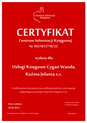 Certyfikat C.I.K. Usługi Księgowe Cygan Wanda, Kuźma Jolanta s.c.