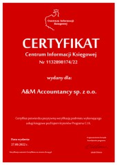 Certyfikat C.I.K.  A&M Accountancy sp. z o.o.