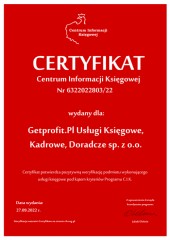 Certyfikat C.I.K. Getprofit.Pl Usługi Księgowe, Kadrowe, Doradcze sp. z o.o.