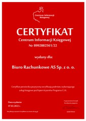 Certyfikat C.I.K. Biuro Rachunkowe AS sp. z o.o.