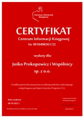 Certyfikat C.I.K. Jośko Prokopowicz i Wspólnicy sp. z o.o.