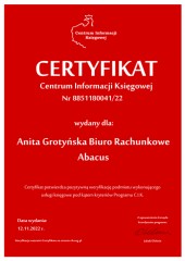 Certyfikat C.I.K. Anita Grotyńska Biuro Rachunkowe Abacus