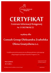 Certyfikat C.I.K. Consult Group Oleksandra Zvaholska Olena Gnatyshena s.c.