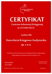 Certyfikat C.I.K. Kancelaria Księgowo-Audytorska sp. z o.o.
