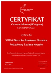 Certyfikat C.I.K. SOFIA Biuro Rachunkowe Doradca Podatkowy Tatiana Kostyło