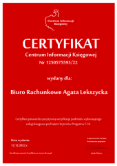Certyfikat C.I.K. Biuro Rachunkowe Agata Lekszycka