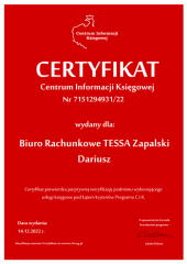 Certyfikat C.I.K. Biuro Rachunkowe TESSA Zapalski Dariusz