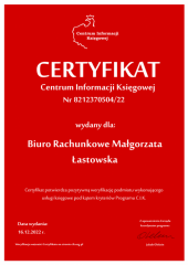 Certyfikat C.I.K. Biuro Rachunkowe Małgorzata Łastowska