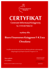 Certyfikat C.I.K. Biuro Finansowo Księgowe F-K Ewa Chwalana