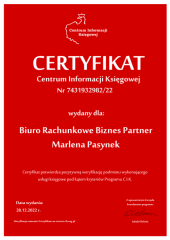 Certyfikat C.I.K. Biuro Rachunkowe Biznes Partner Marlena Pasynek
