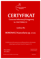 Certyfikat C.I.K. BOROWICZ Kancelaria sp. z o.o.