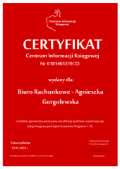 Certyfikat C.I.K. Biuro Rachunkowe - Agnieszka Gorgolewska