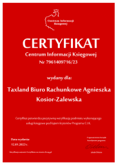Certyfikat C.I.K. Taxland Biuro Rachunkowe Agnieszka Kosior-Zalewska
