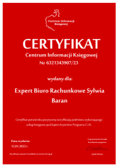 Certyfikat C.I.K. Expert Biuro Rachunkowe Sylwia Baran