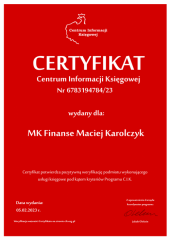 Certyfikat C.I.K. MK Finanse Maciej Karolczyk